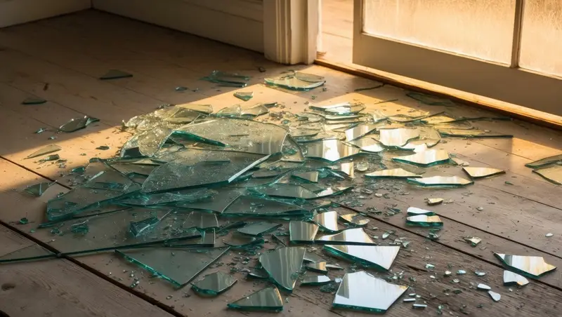 Shattered Glass on Wooden Floor with Sunlight Reflections.